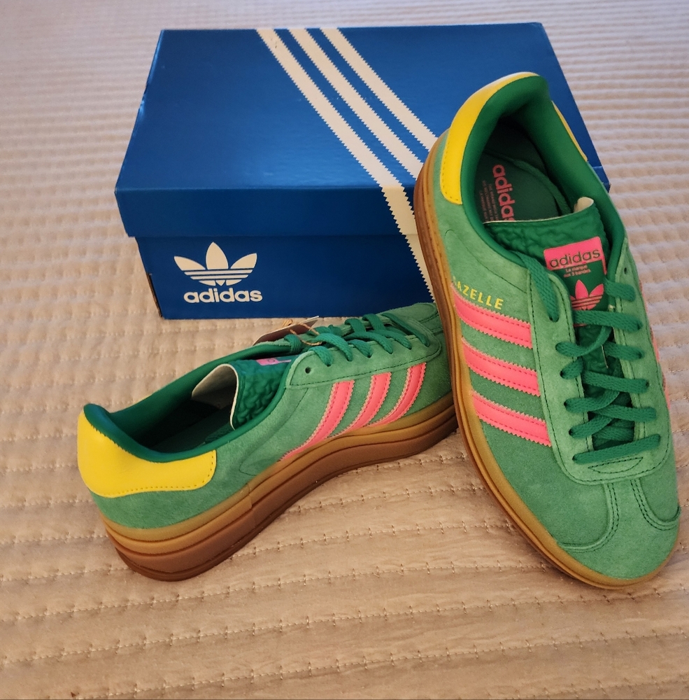 Adidas Gazelle Bold Green Sneakers with Pink Stripes